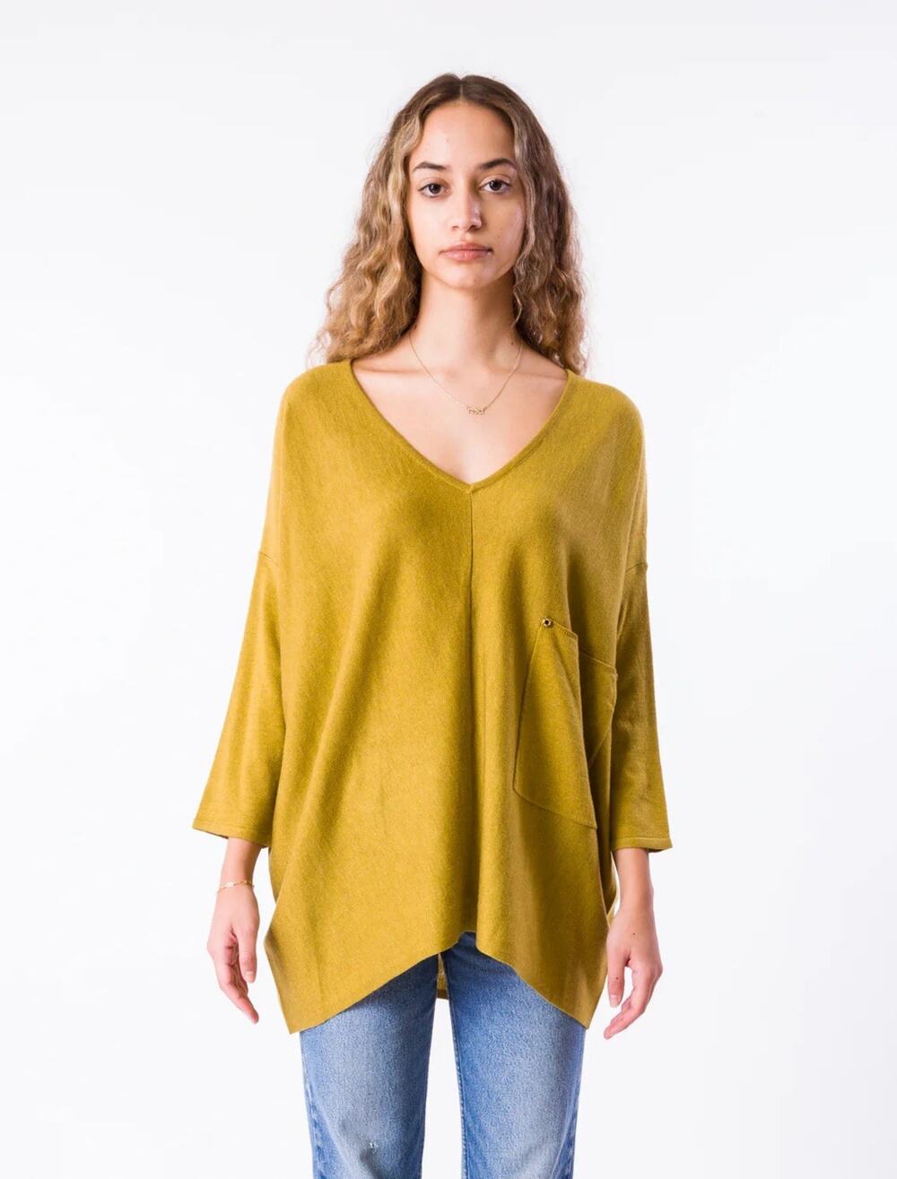 Kerisma Wool Blend V-Neck Oversized Sweater Raven Top Olive Gold Small/Medium